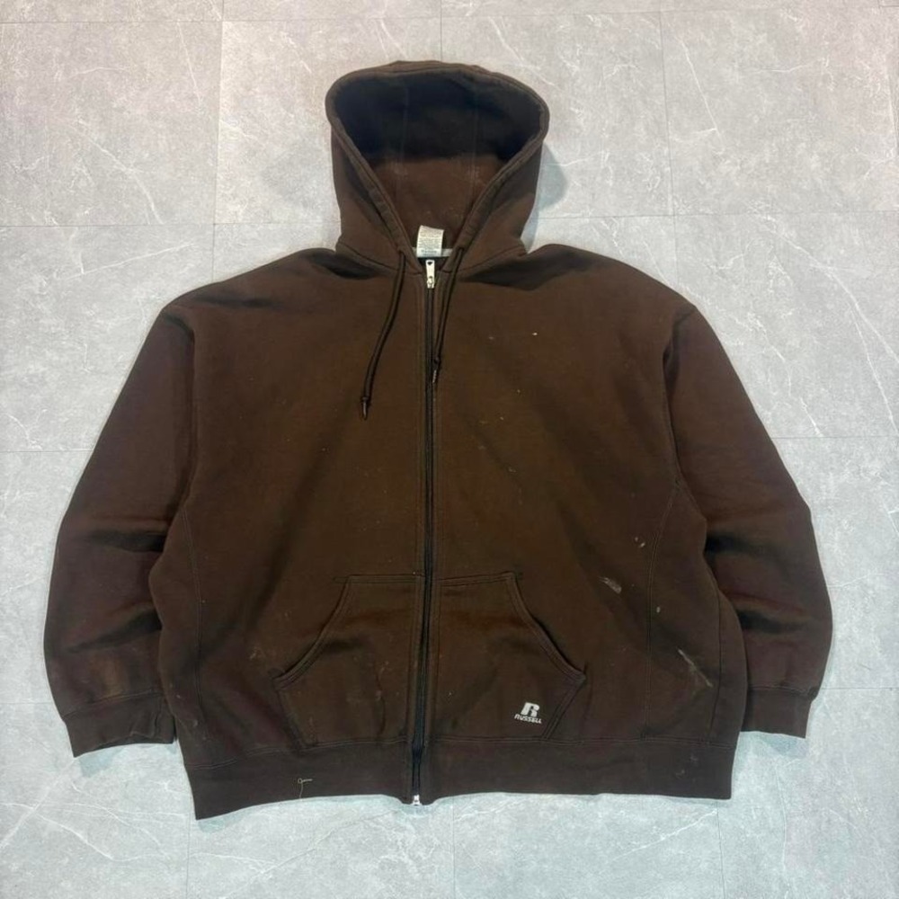 Russell Athletic brown zip up‎ hoodie Size XXL #skater